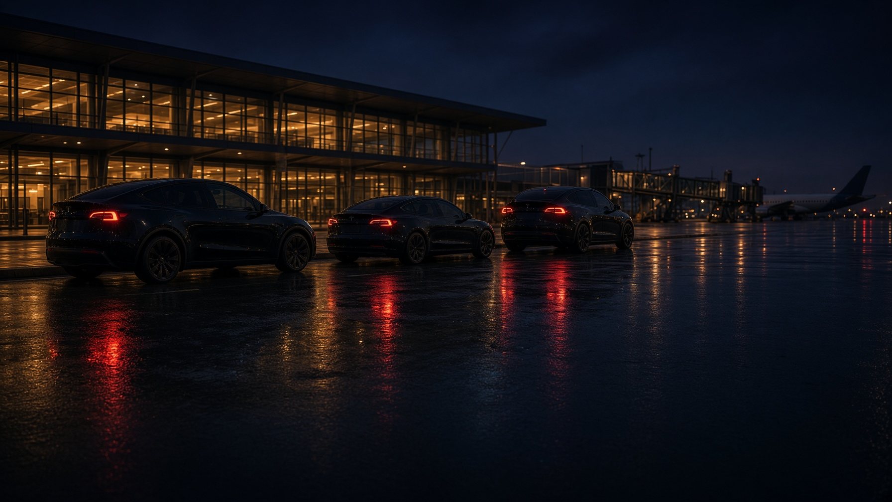 MARSIEV Tesla fleet at Accra International Airport at night